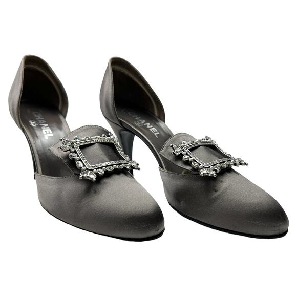 CHANEL Crystal Embellished D'Orsay Pumps EU 39.5 US 9.5 Dark Gray Satin Heels - Picture 2 of 15